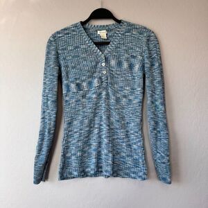 Sundance Medium Marled Blue White Ribbed‎ Button VNeck Long Sleeve Top